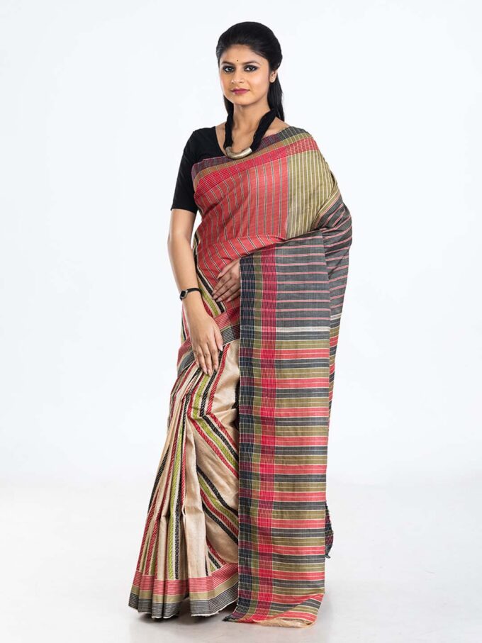 Multicolored Stripes Heavy Tussar Saree With Kantha