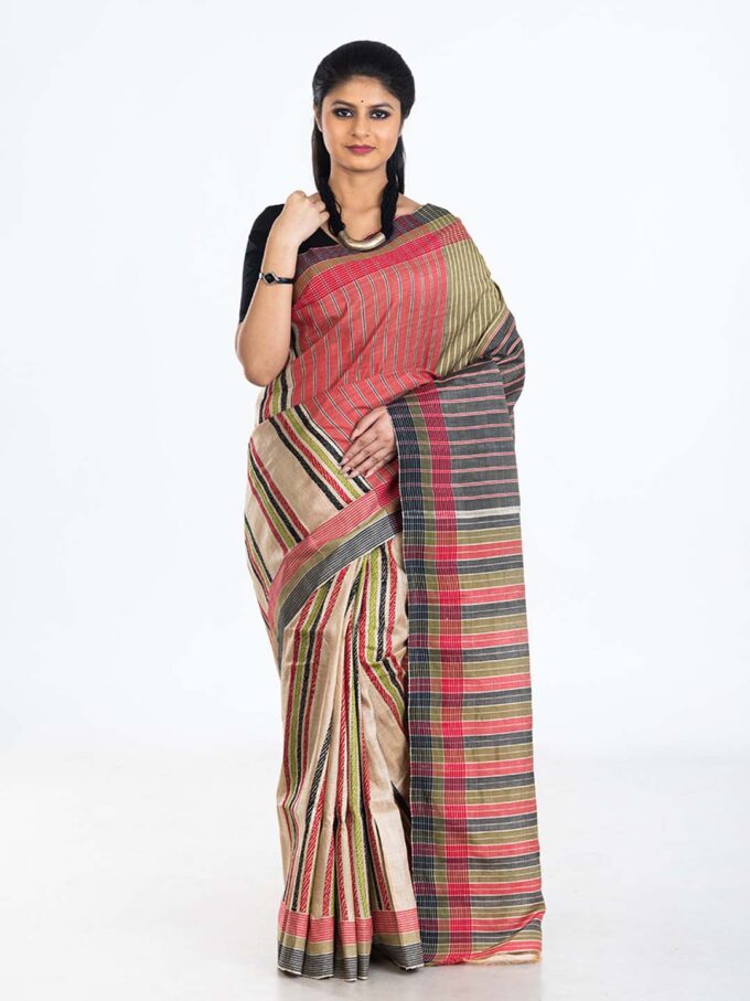 Multicolored Stripes Heavy Tussar Saree With Kantha