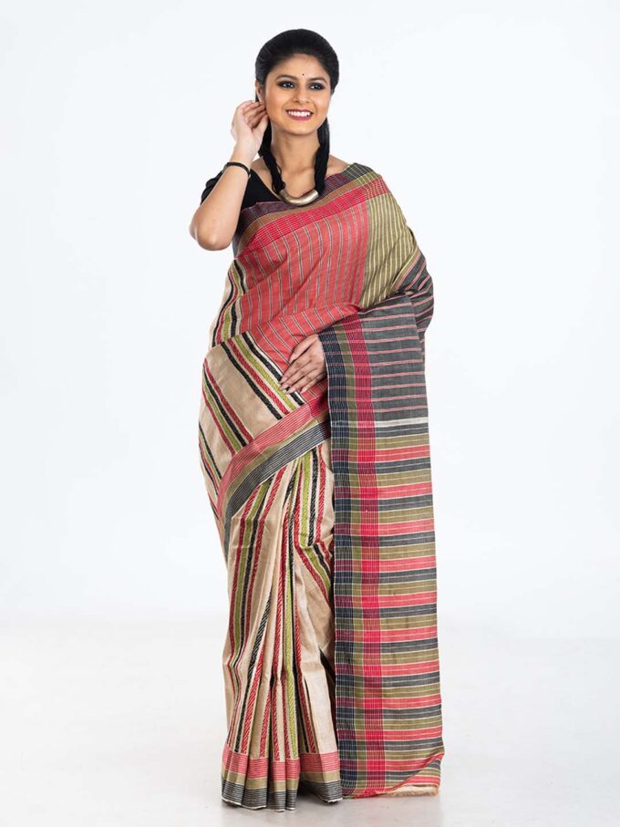 Multicolored Stripes Heavy Tussar Saree With Kantha