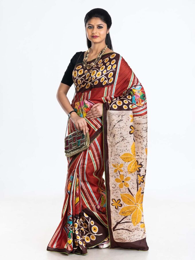 Multicoloured Batik and Kantha Silk Saree