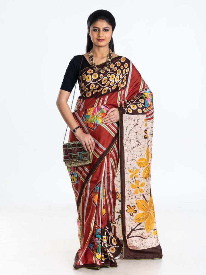 Multicoloured Batik and Kantha Silk Saree