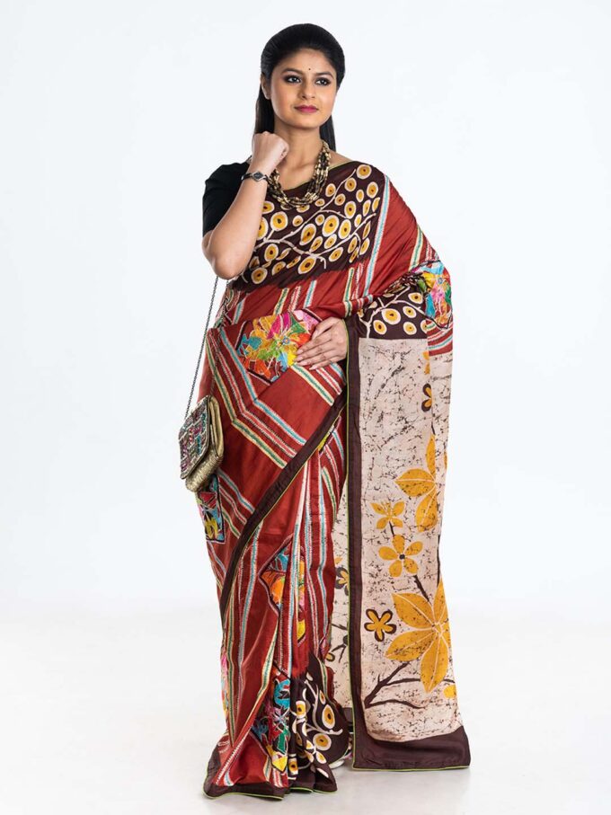 Multicoloured Batik and Kantha Silk Saree