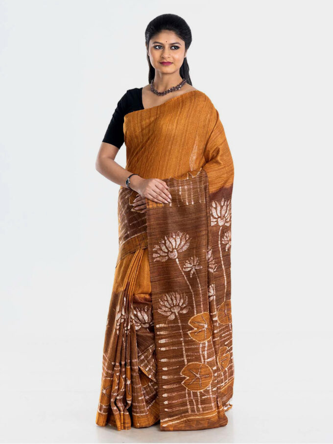 Mustard and Brown Batik Ghicha Saree