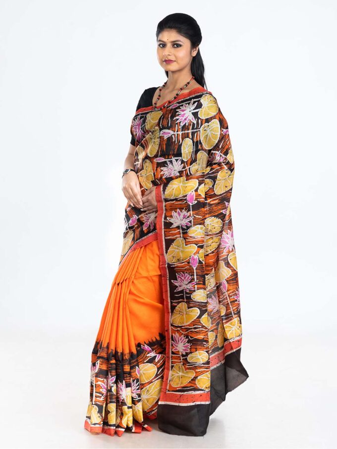 Orange Silk Saree With Lotus Leaf Design