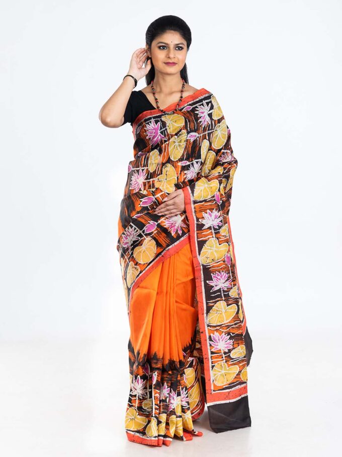 Orange Silk Saree With Lotus Leaf Design