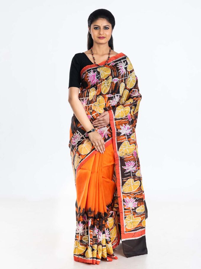 Orange Silk Saree With Lotus Leaf Design