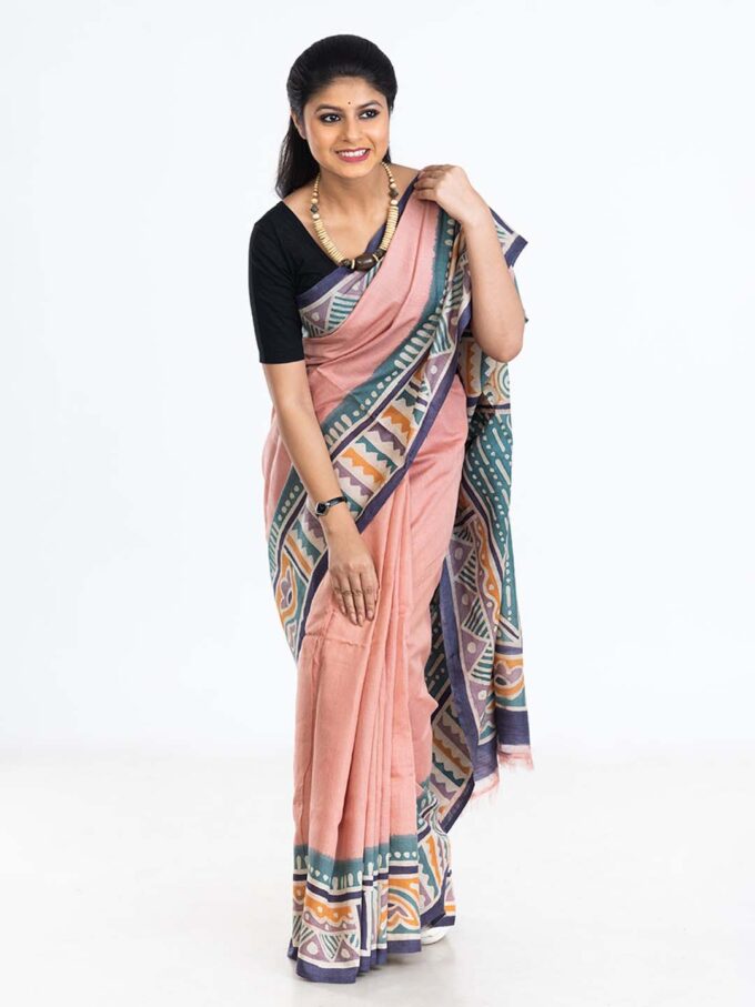 Pink Silk Saree With Geometric Batik