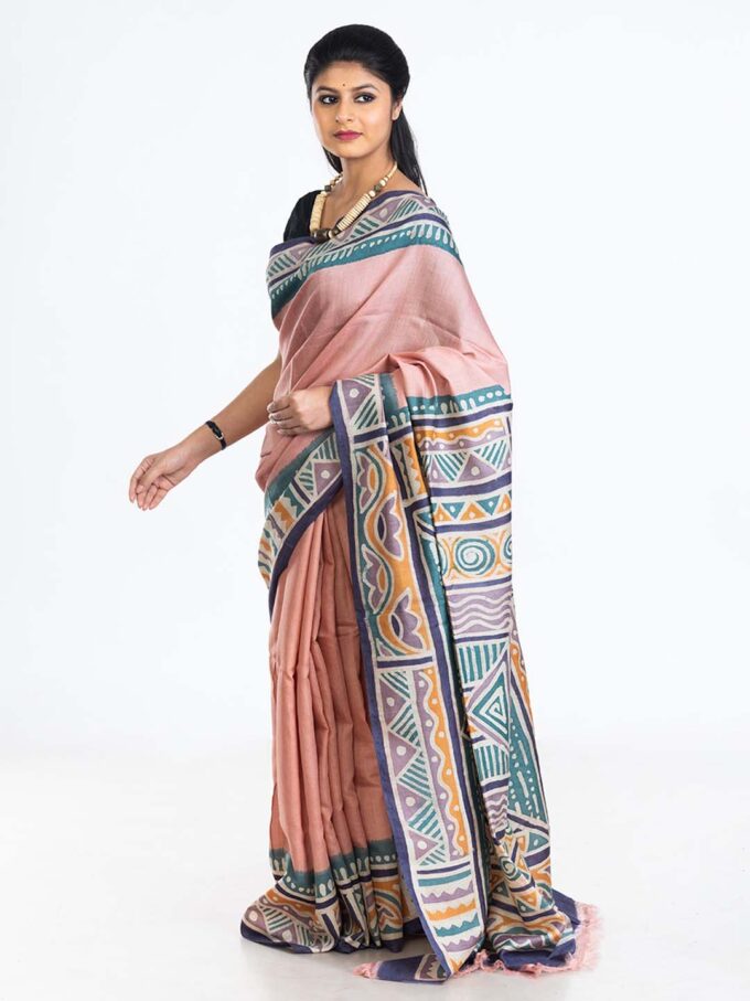 Pink Silk Saree With Geometric Batik