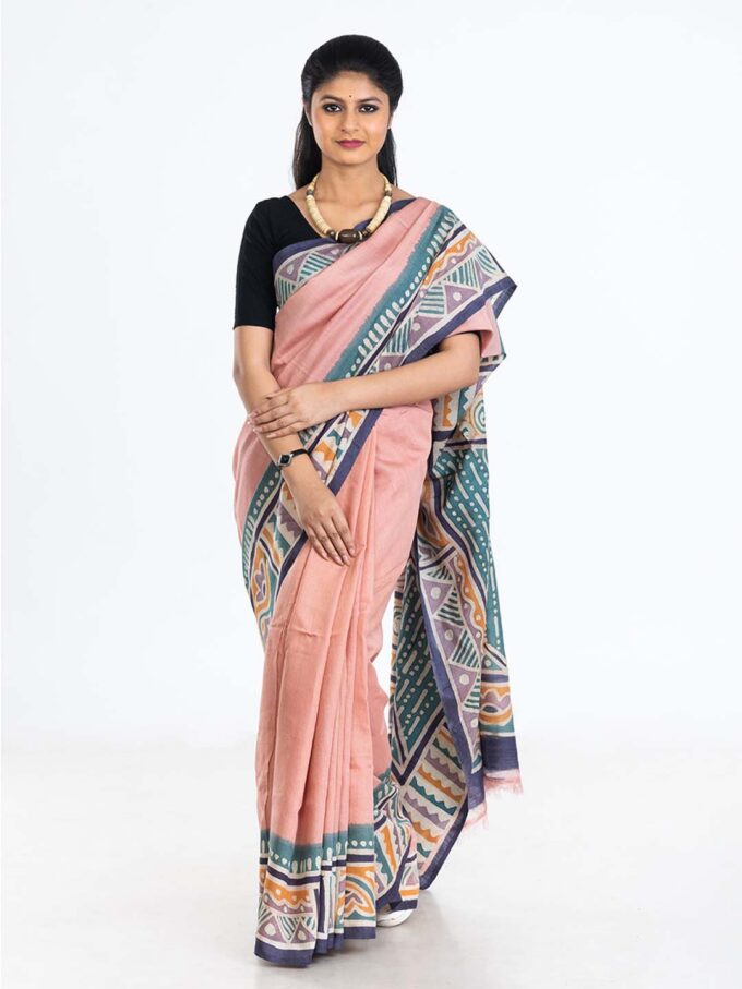 Pink Silk Saree With Geometric Batik