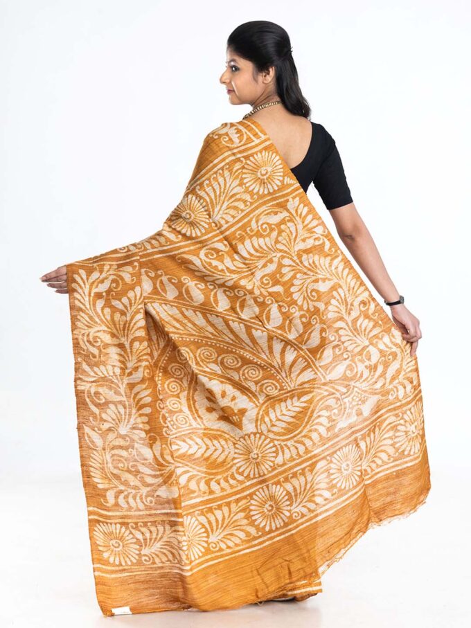 Yellow Tussar Saree with Batik worked Alpona