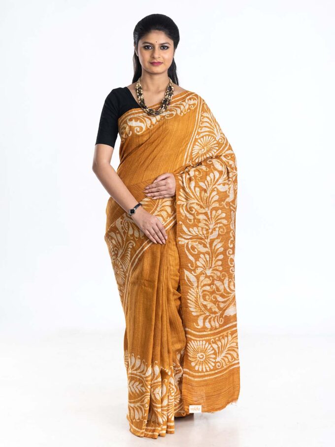 Yellow Tussar Saree with Batik worked Alpona