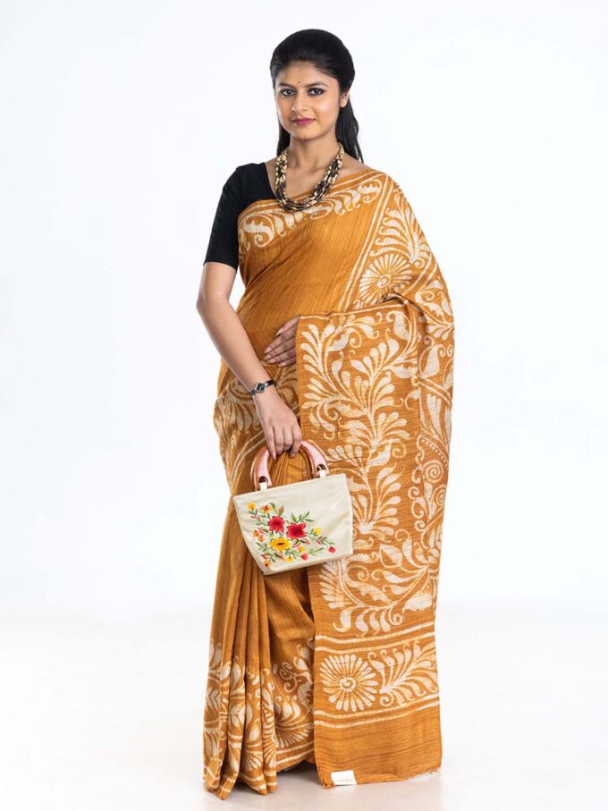 Yellow Tussar Saree with Batik worked Alpona