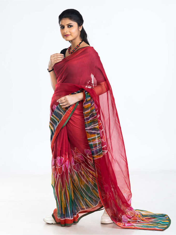 Red Batik Chiffon Saree With Tulips