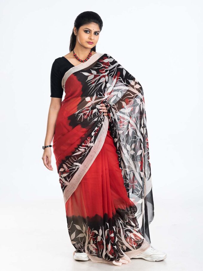 Red & Black Batik Chiffon Saree with Leaf Design