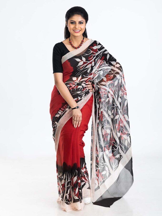 Red & Black Batik Chiffon Saree with Leaf Design