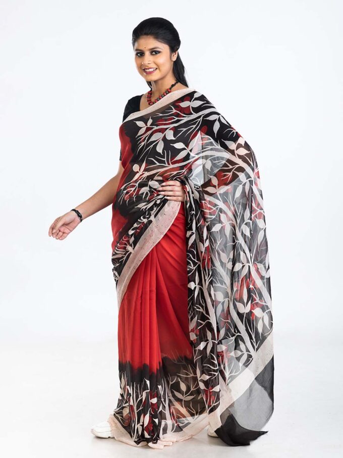 Red & Black Batik Chiffon Saree with Leaf Design