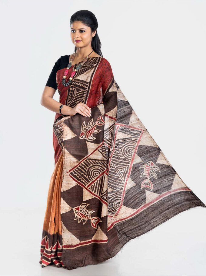 Rust Fish Pattern Batik Ghicha Saree