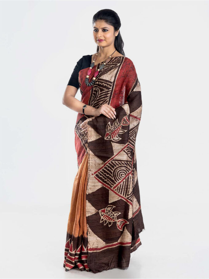 Rust Fish Pattern Batik Ghicha Saree