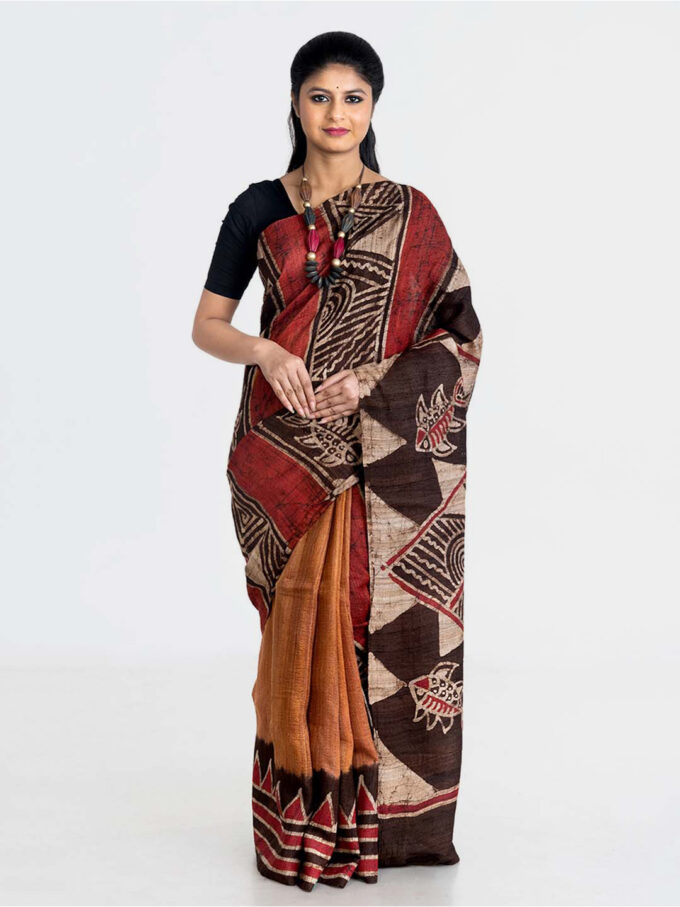 Rust Fish Pattern Batik Ghicha Saree