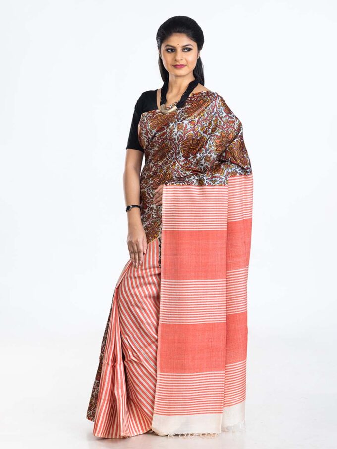 Salmon Block Print Light Tussar Saree