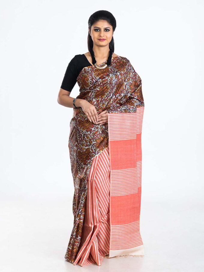 Salmon Block Print Light Tussar Saree