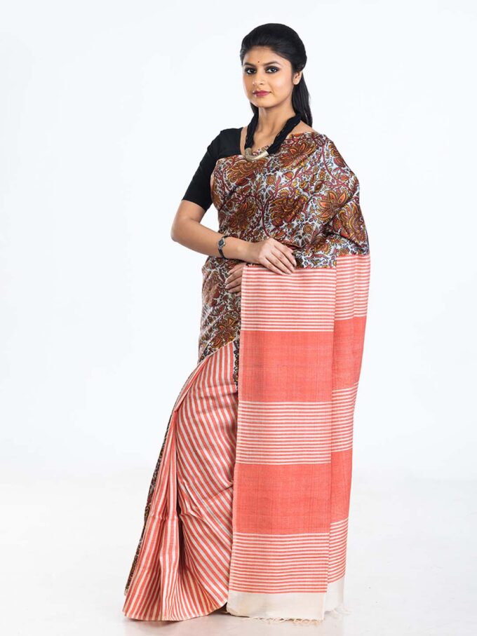 Salmon Block Print Light Tussar Saree