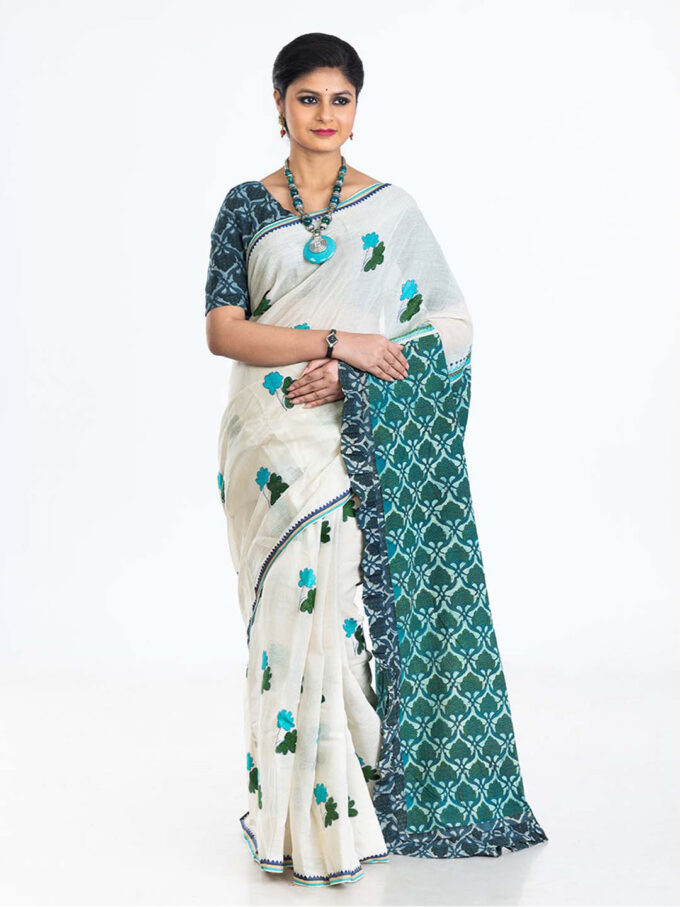 Turquoise Bengal Handloom Cotton Saree with Kantha