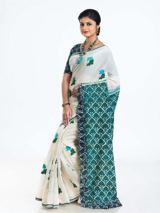 Turquoise Bengal Handloom Cotton Saree with Kantha