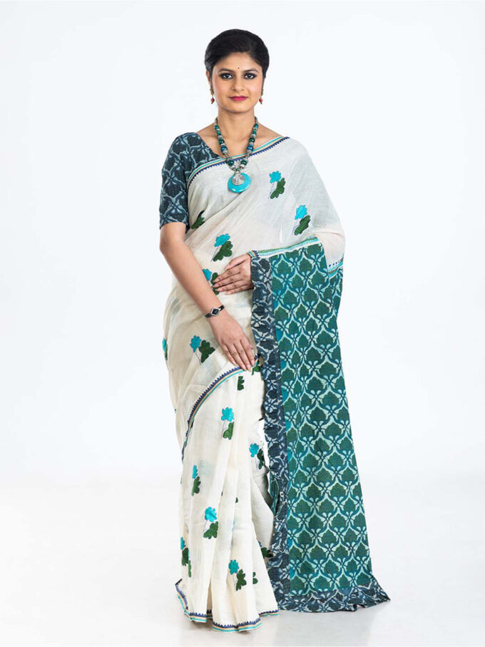 Turquoise Bengal Handloom Cotton Saree with Kantha