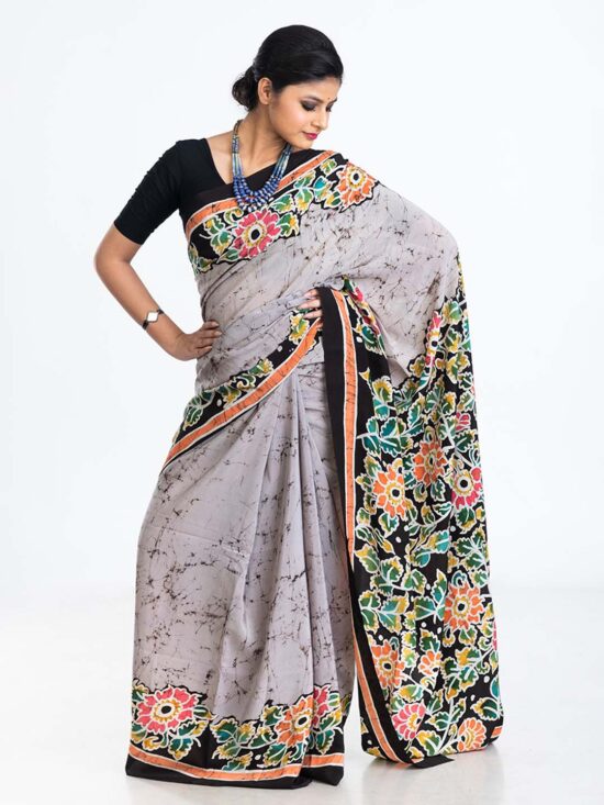 White Batik Crepe Saree With Floral Motifs