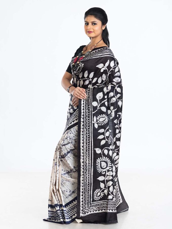 White & Black Batik Silk Saree with Floral motifs