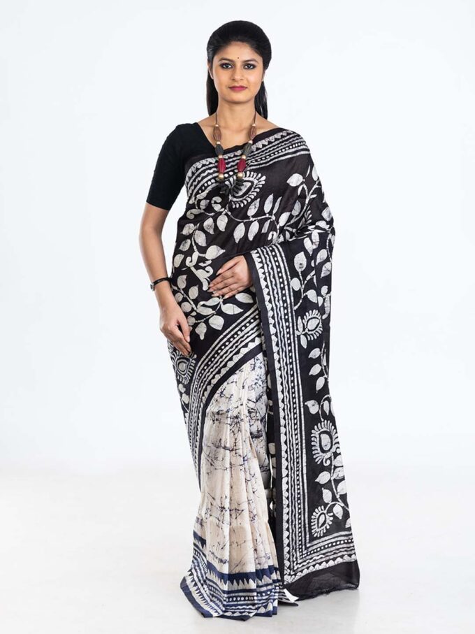 White & Black Batik Silk Saree with Floral motifs