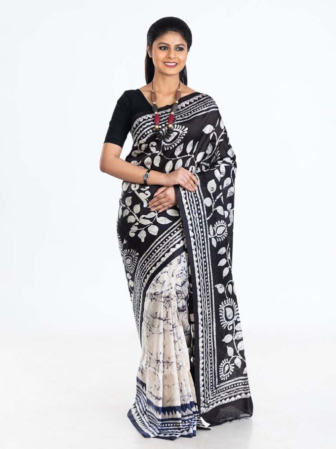 White & Black Batik Silk Saree with Floral motifs