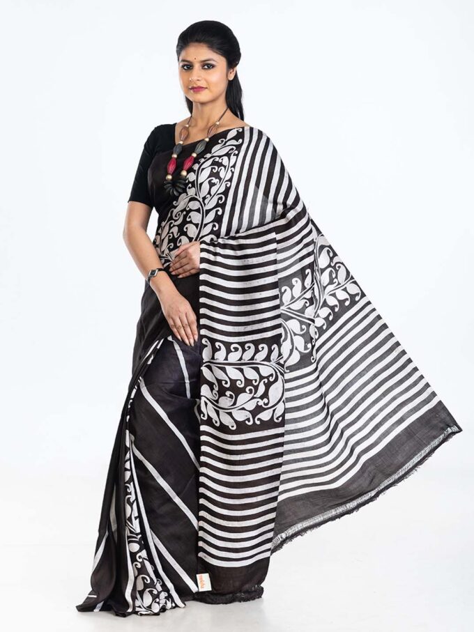 White & Black Batik Silk Saree with Stripes