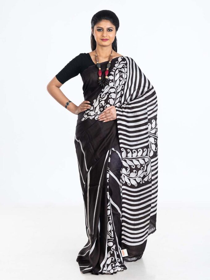 White & Black Batik Silk Saree with Stripes