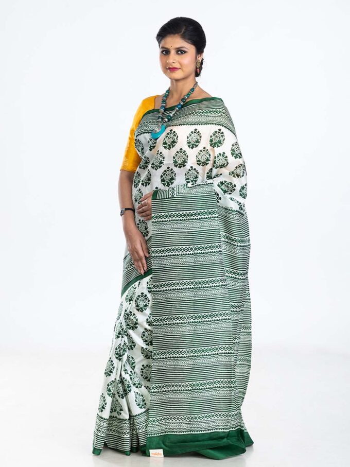 White Block Printed Silk Saree with Green Designs