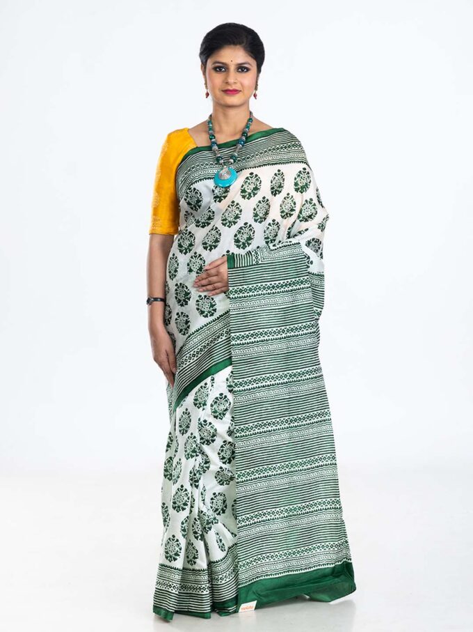 White Block Printed Silk Saree with Green Designs