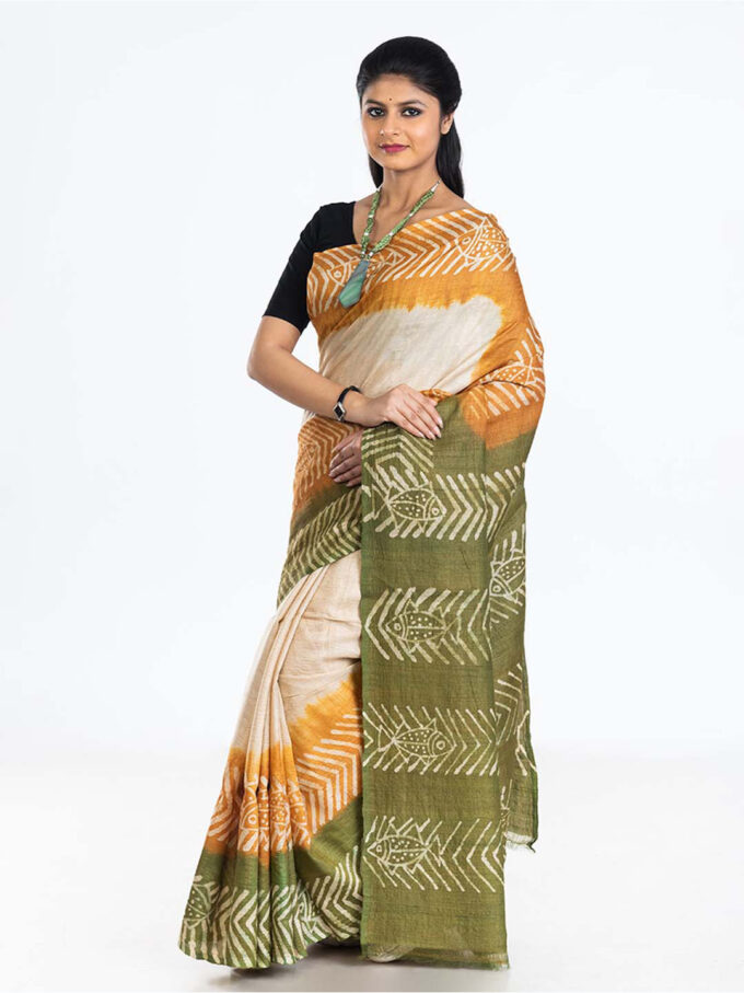 White, Green and Mustard Batik Tussar Saree With Fish Motifs