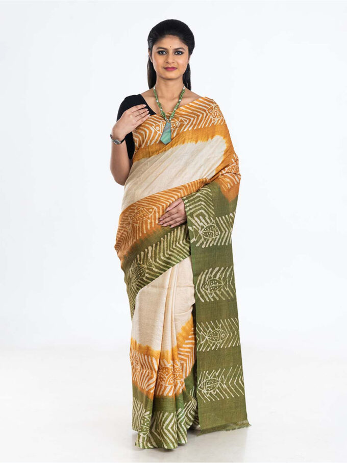 White, Green and Mustard Batik Tussar Saree With Fish Motifs