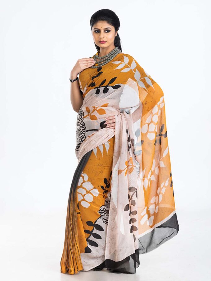 White & Mustard Batik Chiffon Saree