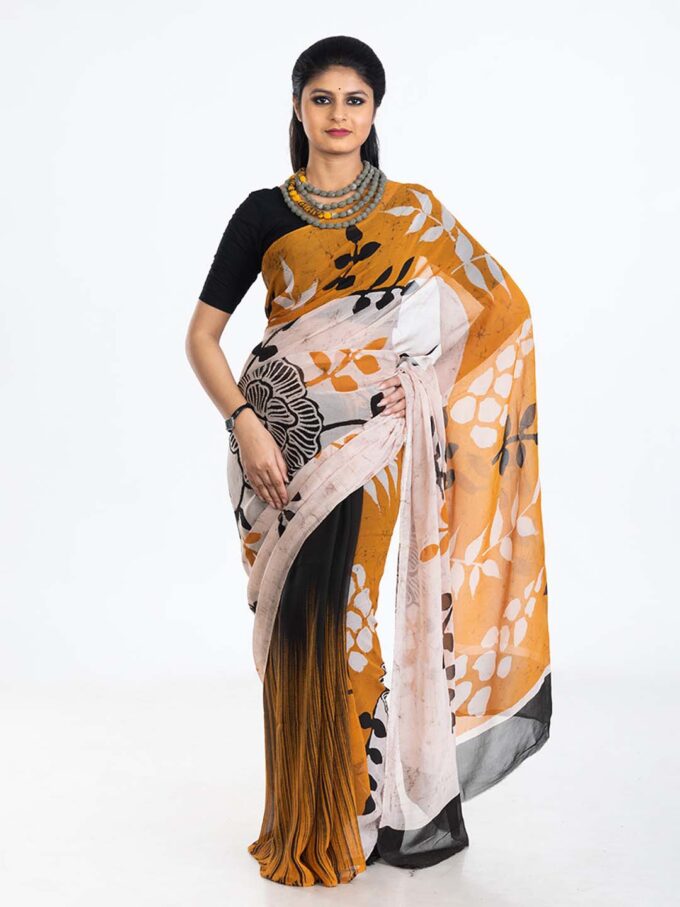 White & Mustard Batik Chiffon Saree