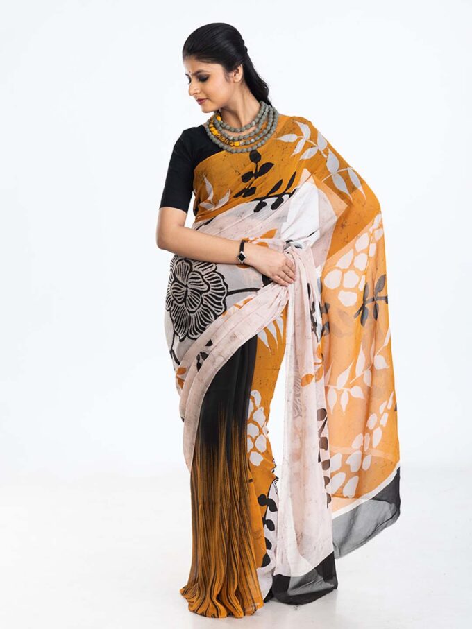 White & Mustard Batik Chiffon Saree