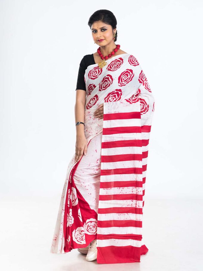 White and Pink Stripes Batik Mulmul Saree