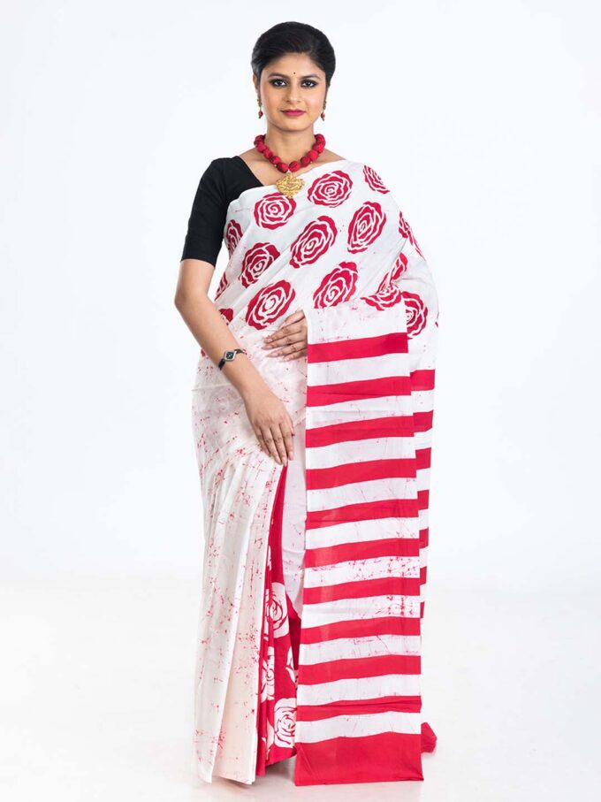 White and Pink Stripes Batik Mulmul Saree