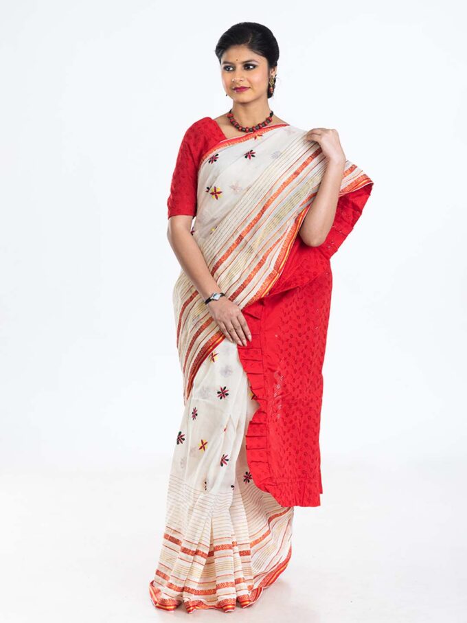 White & Red Handloom Cotton Saree with Kantha