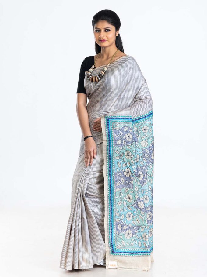 Grey and Blue Tussar Saree With Kantha