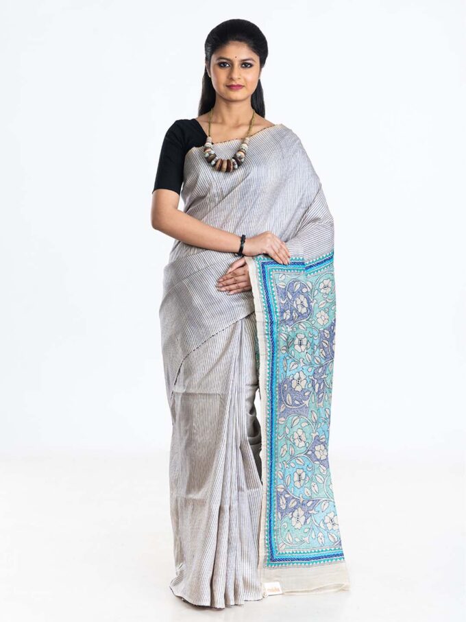 Grey and Blue Tussar Saree With Kantha