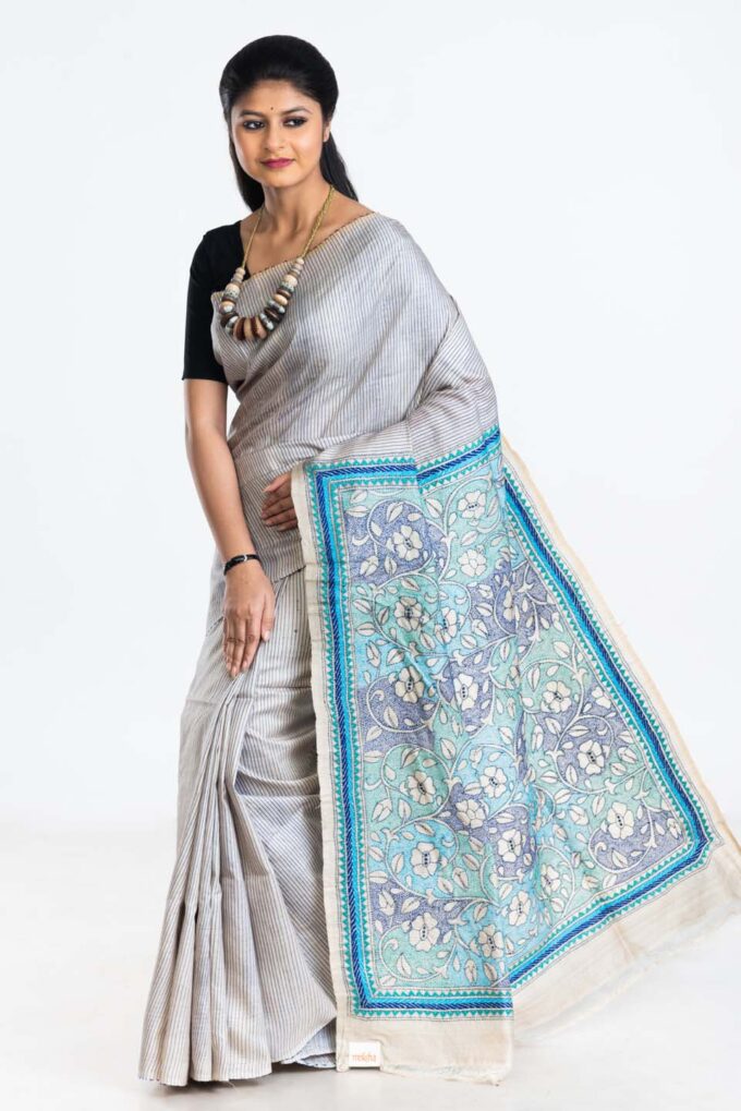 Grey and Blue Tussar Saree With Kantha