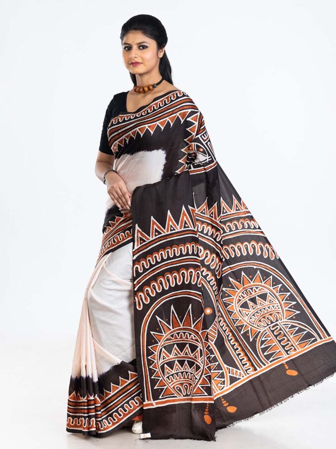 White and Brown Batik Silk Saree With Tribal Design