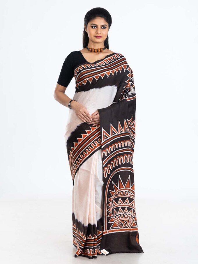 White and Brown Batik Silk Saree With Tribal Design